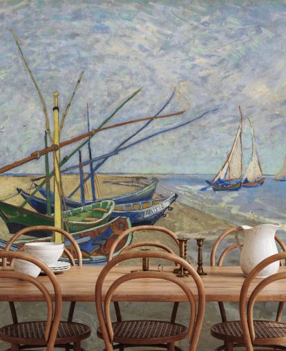 carta da parati fine art chiamata Fishing Boats on the Beach di van Gogh per cucine, bagni e salotti