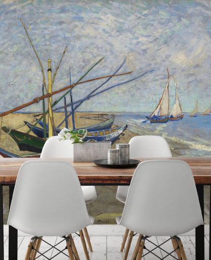 mural de papel pintado de bellas artes llamado Fishing Boats on the Beach de van Gogh para cocinas, baños y salas de estar