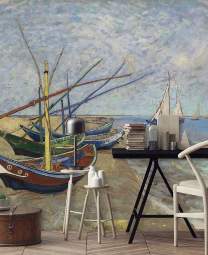 fine art wallpaper mural called Fishing Boats on the Beach by van Gogh for kitchens, bathrooms and living rooms fine art wallpaper mural called Fishing Boats on the Beach by van Gogh for kitchens, bathrooms and living rooms