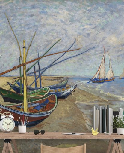 fine art wallpaper mural called Fishing Boats on the Beach by van Gogh for kitchens, bathrooms and living rooms