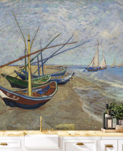 kunsttapet veggmaleri kalt Fishing Boats on the Beach av van Gogh for kjøkken, bad og stuer