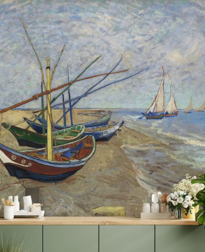 fine art wallpaper mural called Fishing Boats on the Beach by van Gogh for kitchens, bathrooms and living rooms fine art wallpaper mural called Fishing Boats on the Beach by van Gogh for kitchens, bathrooms and living rooms