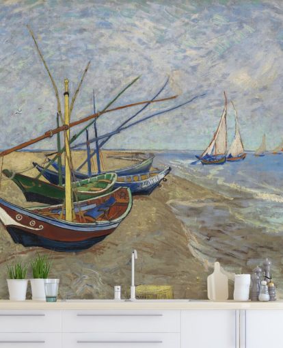 konsttapet väggmålning som heter Fishing Boats on the Beach av van Gogh för kök, badrum och vardagsrum konsttapet väggmålning som heter Fishing Boats on the Beach av van Gogh för kök, badrum och vardagsrum