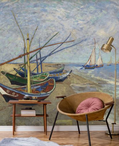 fine art wallpaper mural called Fishing Boats on the Beach by van Gogh for kitchens, bathrooms and living rooms