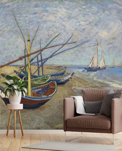 fine art wallpaper mural called Fishing Boats on the Beach by van Gogh for kitchens, bathrooms and living rooms