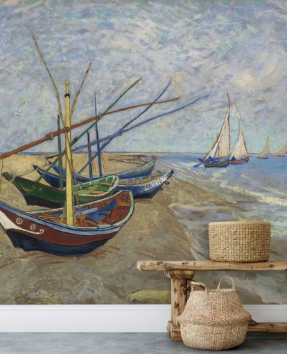 Van Goghin taide-taustakuvamaalaus nimeltä Fishing Boats on the Beach keittiöihin, kylpyhuoneisiin ja olohuoneisiin Van Goghin taide-taustakuvamaalaus nimeltä Fishing Boats on the Beach keittiöihin, kylpyhuoneisiin ja olohuoneisiin