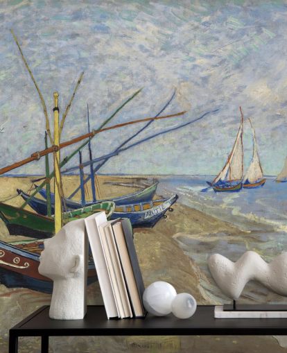 mural de papel de parede de belas artes chamado Fishing Boats on the Beach, de van Gogh, para cozinhas, banheiros e salas de estar mural de papel de parede de belas artes chamado Fishing Boats on the Beach, de van Gogh, para cozinhas, banheiros e salas de estar