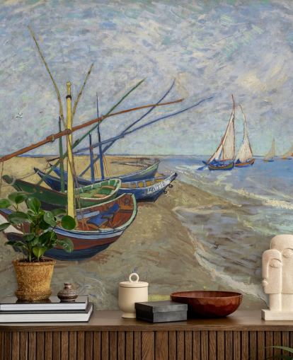 fine art wallpaper mural called Fishing Boats on the Beach by van Gogh for kitchens, bathrooms and living rooms fine art wallpaper mural called Fishing Boats on the Beach by van Gogh for kitchens, bathrooms and living rooms
