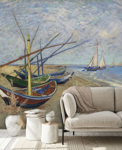 papier peint mural d'art intitulé Fishing Boats on the Beach de Van Gogh pour les cuisines, les salles de bains et les salons