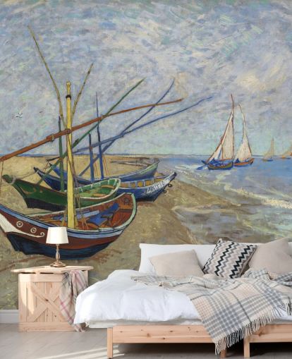 mural de papel pintado de bellas artes llamado Fishing Boats on the Beach de van Gogh para cocinas, baños y salas de estar mural de papel pintado de bellas artes llamado Fishing Boats on the Beach de van Gogh para cocinas, baños y salas de estar