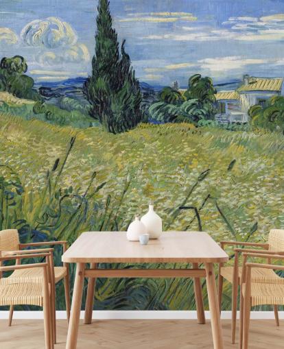 van gogh wallpaper mural called Green Wheat Field with Cypress for bedrooms, living rooms and dining rooms