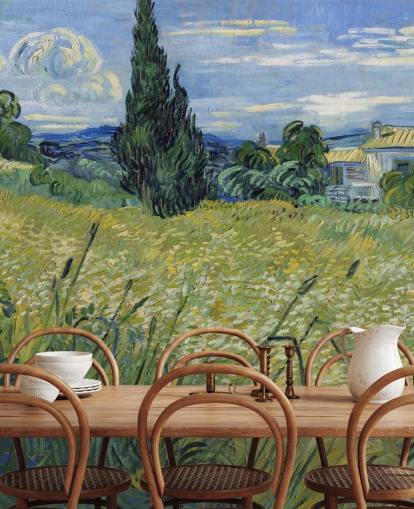 mural de papel pintado de Van Gogh llamado Campo de trigo verde con ciprés para dormitorios, salas de estar y comedores