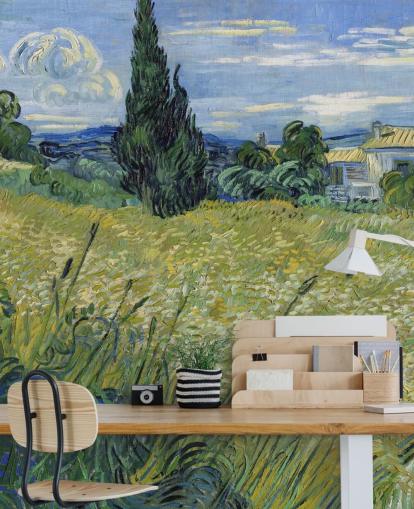 mural de papel pintado de Van Gogh llamado Campo de trigo verde con ciprés para dormitorios, salas de estar y comedores
