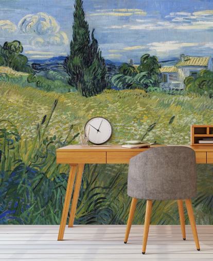 mural de papel de parede van gogh chamado Green Wheat Field with Cypress para quartos, salas de estar e salas de jantar mural de papel de parede van gogh chamado Green Wheat Field with Cypress para quartos, salas de estar e salas de jantar