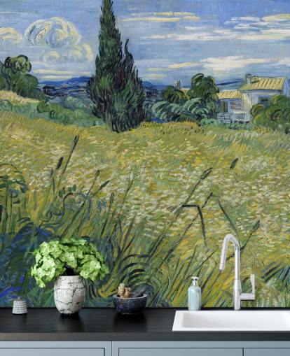 van gogh wallpaper mural called Green Wheat Field with Cypress for bedrooms, living rooms and dining rooms