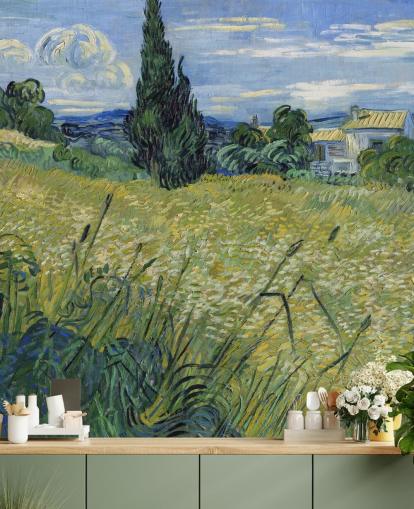 van gogh -taustakuvamaalaus nimeltä Green Wheat Field with Cypress makuuhuoneisiin, olohuoneisiin ja ruokasaleihin