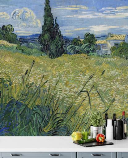 van gogh tapetmaleri kaldet Green Wheat Field med Cypress til soveværelser, stuer og spisestuer