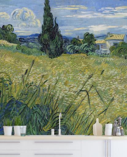van gogh tapetväggmålning kallad Green Wheat Field med Cypress för sovrum, vardagsrum och matsalar van gogh tapetväggmålning kallad Green Wheat Field med Cypress för sovrum, vardagsrum och matsalar