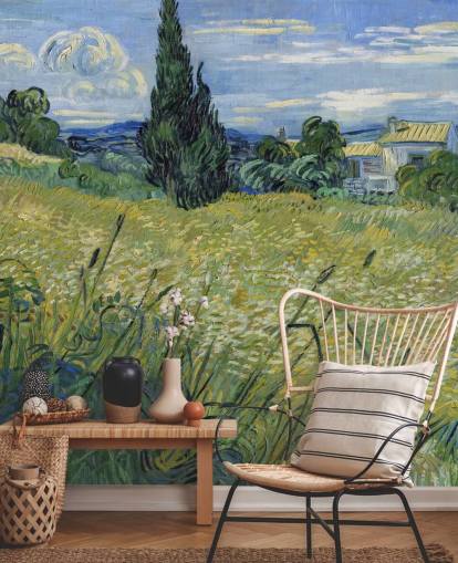 van gogh fotobehang genaamd Green Wheat Field with Cypress voor slaapkamers, woonkamers en eetkamers
