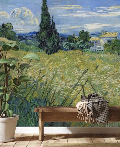 van gogh fotobehang genaamd Green Wheat Field with Cypress voor slaapkamers, woonkamers en eetkamers