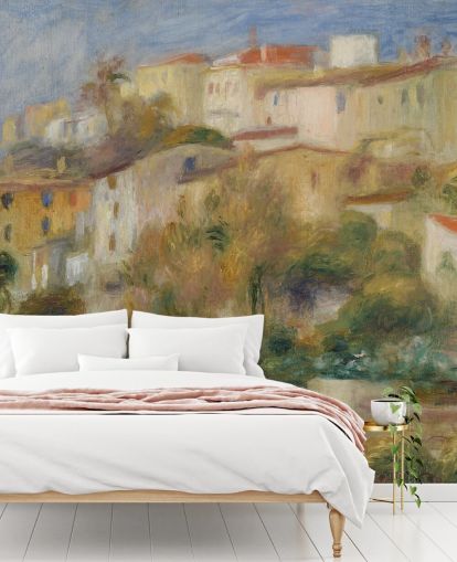 carta da parati fine art chiamata Houses on a Hill di Pierre-Auguste Renoir per camere da letto e salotti