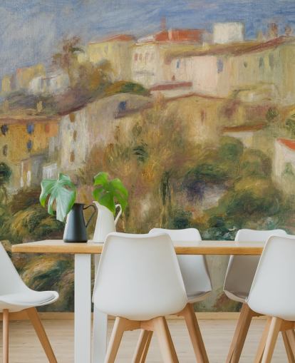 mural de papel pintado de bellas artes llamado Casas en una colina de Pierre-Auguste Renoir para dormitorios y salas de estar