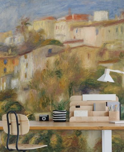 fine art wallpaper mural called Houses on a Hill by Pierre-Auguste Renoir for bedrooms and living rooms