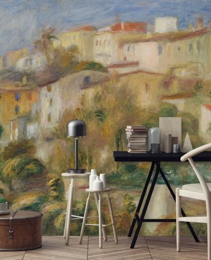 mural de papel de parede de belas artes chamado Houses on a Hill de Pierre-Auguste Renoir para quartos e salas de estar