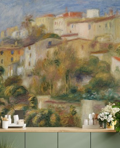 Pierre-Auguste Renoirin taide-taustakuvamaalaus nimeltä Houses on a Hill makuuhuoneisiin ja olohuoneisiin