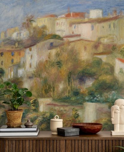 fine art wallpaper mural called Houses on a Hill by Pierre-Auguste Renoir for bedrooms and living rooms