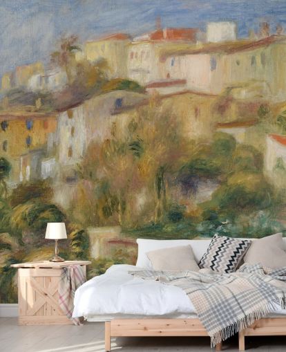mural de papel pintado de bellas artes llamado Casas en una colina de Pierre-Auguste Renoir para dormitorios y salas de estar