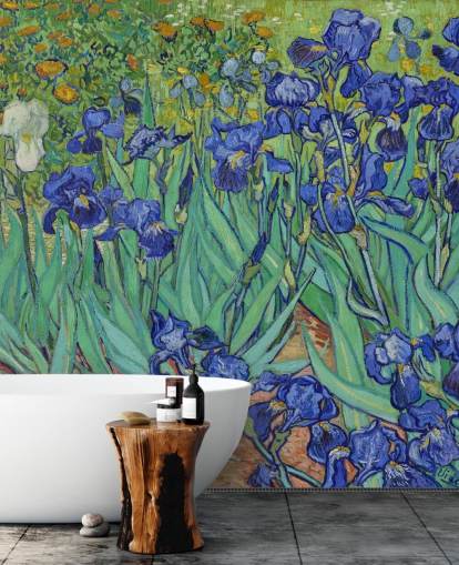 grøn og lilla kunstvægmaleri kaldet Irises af Van Gogh til soveværelser, stuer og badeværelser