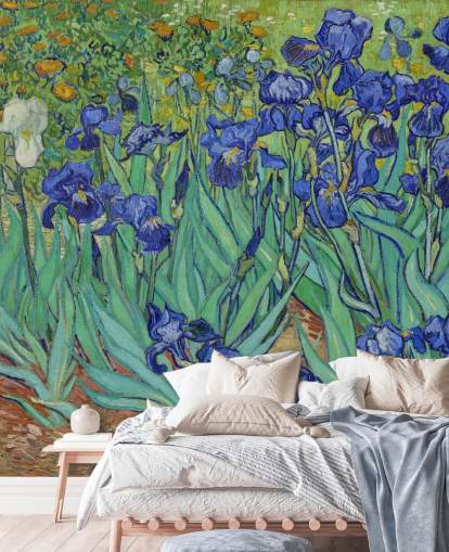 fresque murale d'art verte et violette appelée Irises de Van Gogh pour les chambres, les salons et les salles de bain