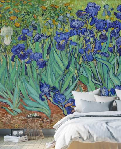 mural de pared de bellas artes verde y morado llamado Iris de Van Gogh para dormitorios, salas de estar y baños