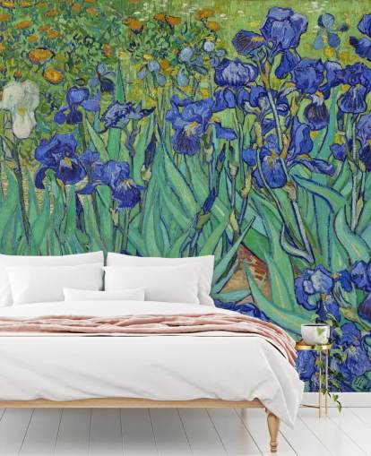 fresque murale d'art verte et violette appelée Irises de Van Gogh pour les chambres, les salons et les salles de bain