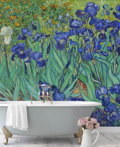 grön och lila konst väggmålning kallad Irises av Van Gogh för sovrum, vardagsrum och badrum