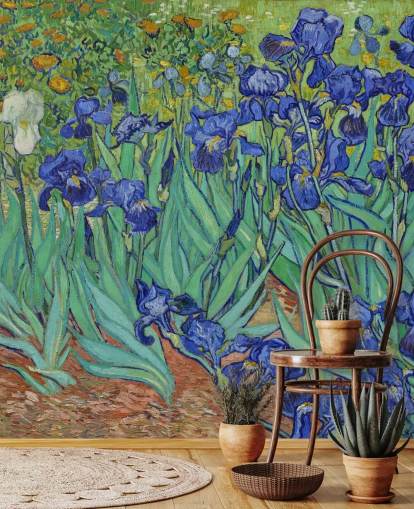 fresque murale d'art verte et violette appelée Irises de Van Gogh pour les chambres, les salons et les salles de bain