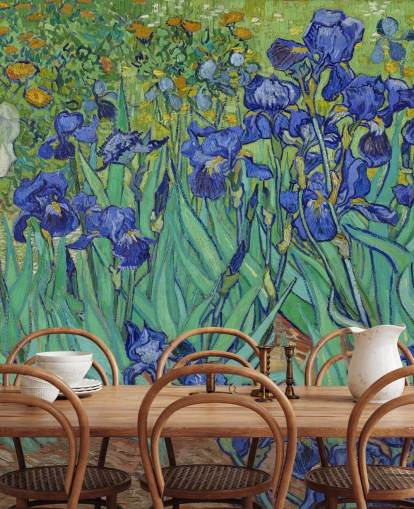 grön och lila konst väggmålning kallad Irises av Van Gogh för sovrum, vardagsrum och badrum grön och lila konst väggmålning kallad Irises av Van Gogh för sovrum, vardagsrum och badrum