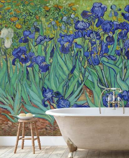 murale d'arte verde e viola chiamato Irises di Van Gogh per camere da letto, salotti e bagni