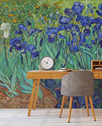 mural de parede de belas artes verde e roxo chamado Irises by Van Gogh para quartos, salas de estar e banheiros mural de parede de belas artes verde e roxo chamado Irises by Van Gogh para quartos, salas de estar e banheiros