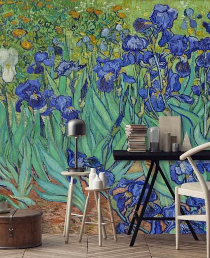 murale d'arte verde e viola chiamato Irises di Van Gogh per camere da letto, salotti e bagni murale d'arte verde e viola chiamato Irises di Van Gogh per camere da letto, salotti e bagni