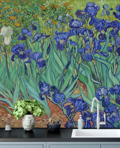 green and purple fine art wall mural called Irises by Van Gogh for bedrooms, living rooms and bathrooms