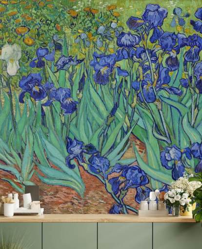 mural de pared de bellas artes verde y morado llamado Iris de Van Gogh para dormitorios, salas de estar y baños mural de pared de bellas artes verde y morado llamado Iris de Van Gogh para dormitorios, salas de estar y baños