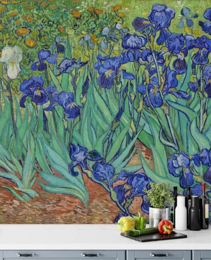 fresque murale d'art verte et violette appelée Irises de Van Gogh pour les chambres, les salons et les salles de bain