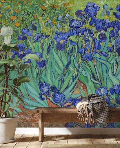 fresque murale d'art verte et violette appelée Irises de Van Gogh pour les chambres, les salons et les salles de bain