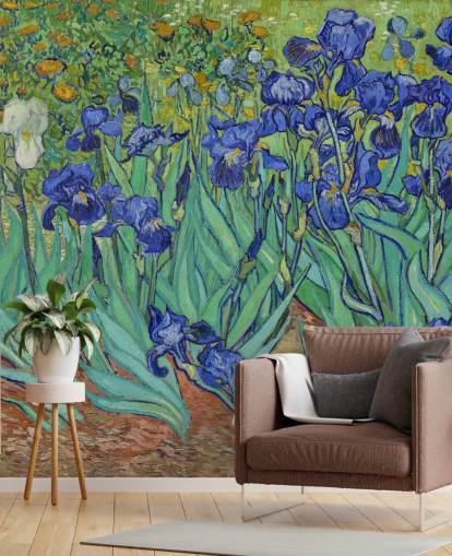 grön och lila konst väggmålning kallad Irises av Van Gogh för sovrum, vardagsrum och badrum