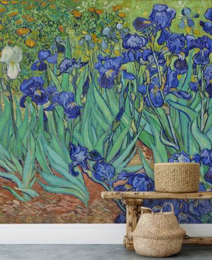 grön och lila konst väggmålning kallad Irises av Van Gogh för sovrum, vardagsrum och badrum