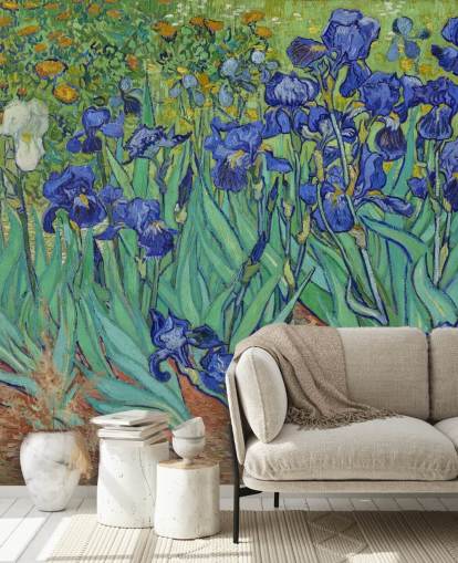 mural de pared de bellas artes verde y morado llamado Iris de Van Gogh para dormitorios, salas de estar y baños