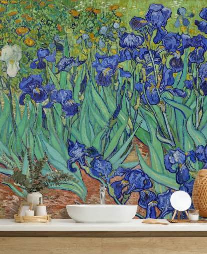 fresque murale d'art verte et violette appelée Irises de Van Gogh pour les chambres, les salons et les salles de bain