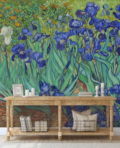 murale d'arte verde e viola chiamato Irises di Van Gogh per camere da letto, salotti e bagni murale d'arte verde e viola chiamato Irises di Van Gogh per camere da letto, salotti e bagni